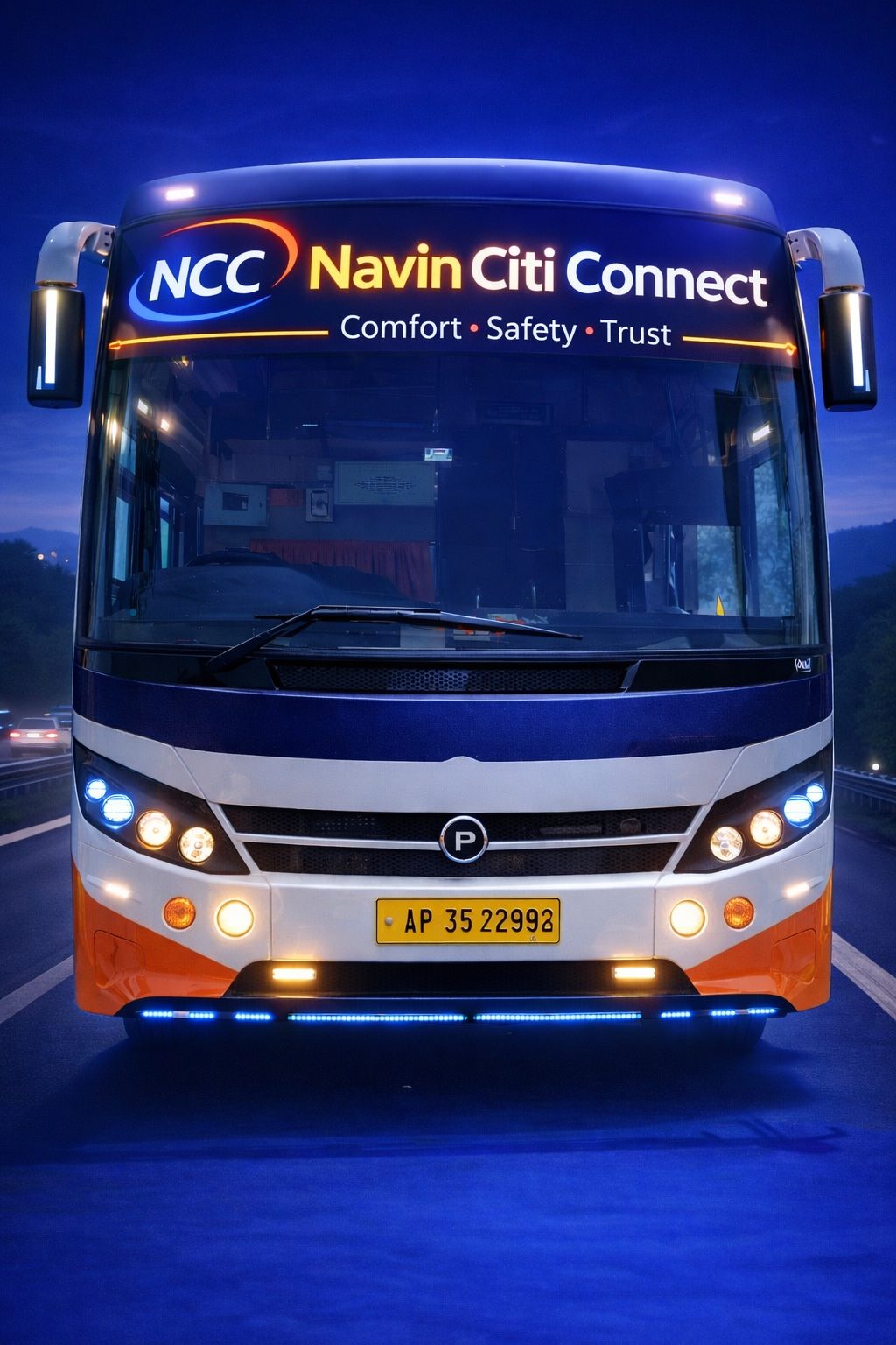 Navin Citi Connect bus on the highway at night